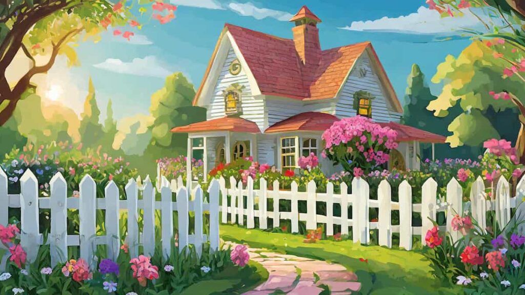 Dream Home with White Picket Fence Surrounded by Gardens